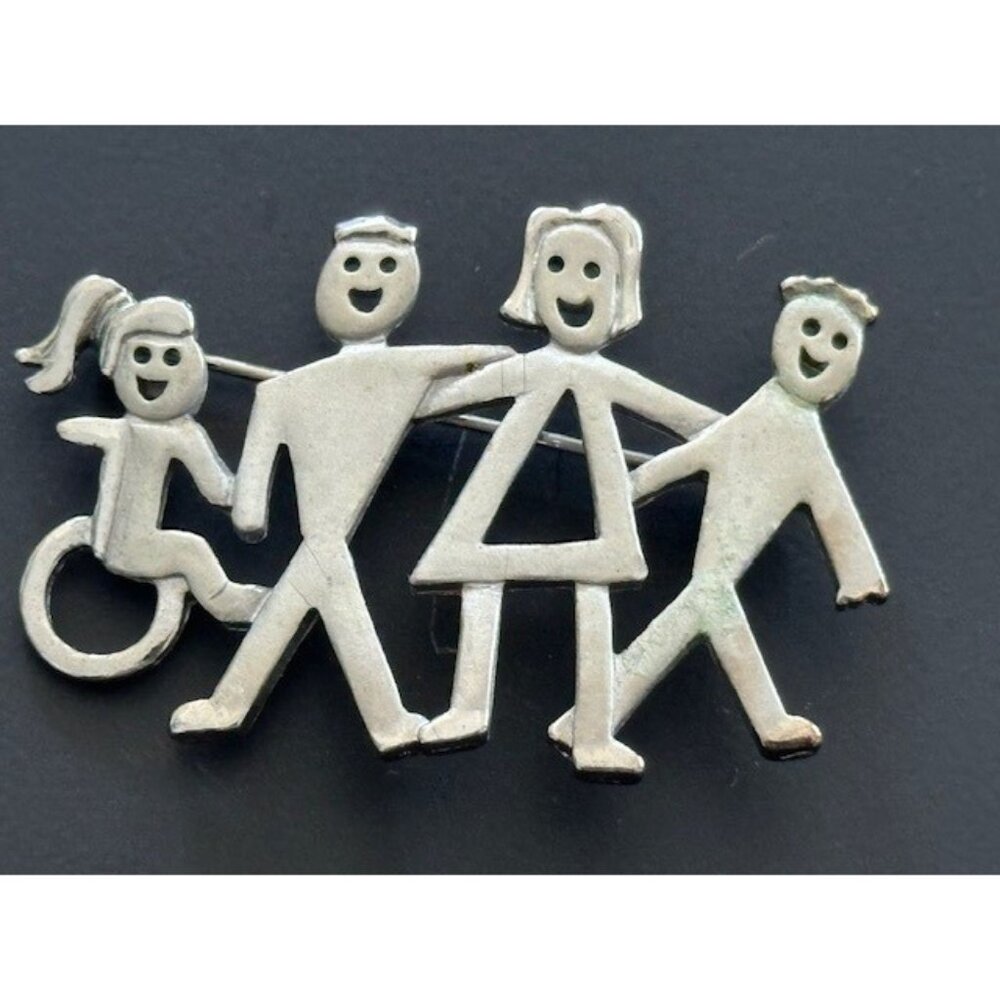 Family of 4 Having Fun Girl in Wheelchair SA Vintage Silver Tone Brooch Pin S.A.